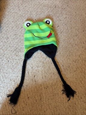Kids Green Frog Stripe Knit Earflap Hat